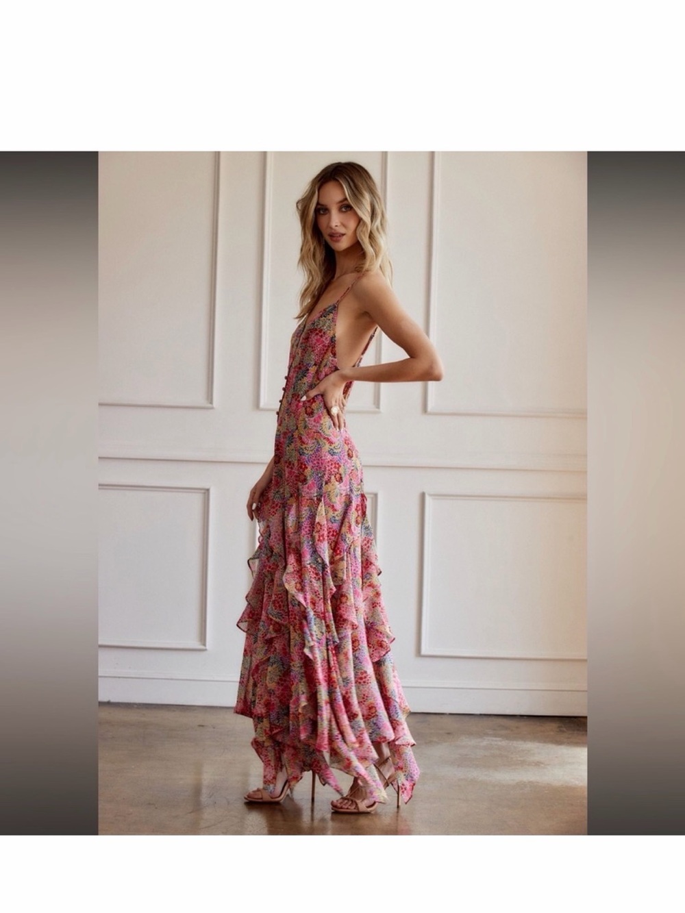12th Tribe Floral colorful Ruffle Maxi Dress Size Small - Picture 2 of 7
